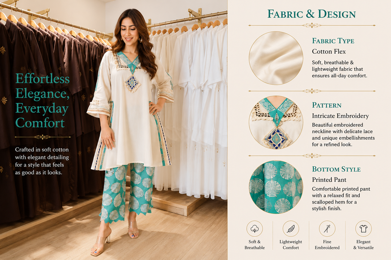 Ivory Cotton Flex Short Kurta with Green Printed Pant Set