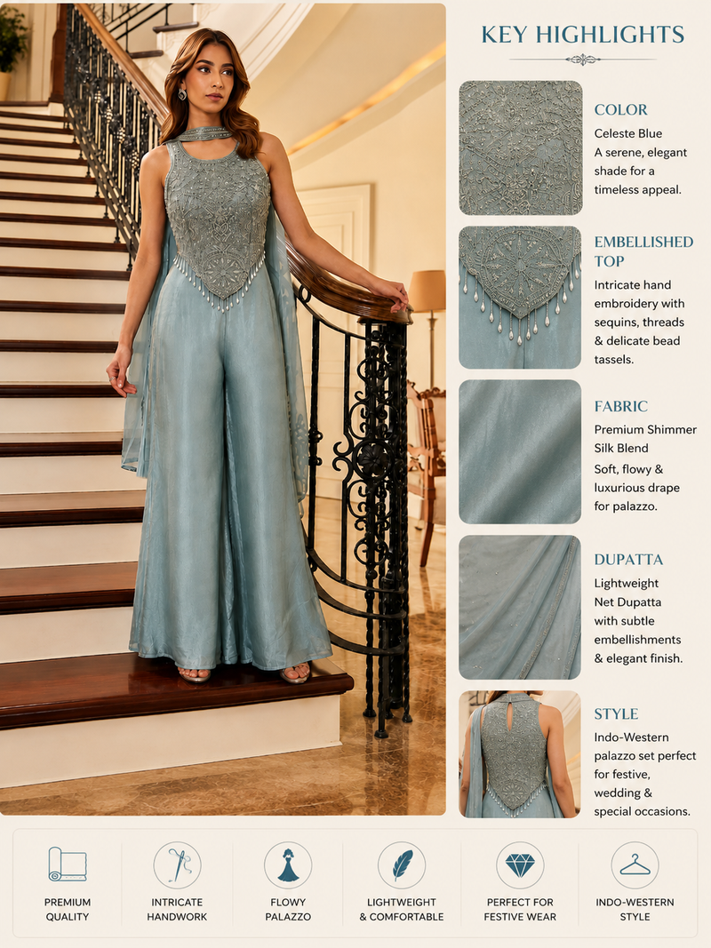 Celeste Blue Embellished Indo-Western Palazzo Set