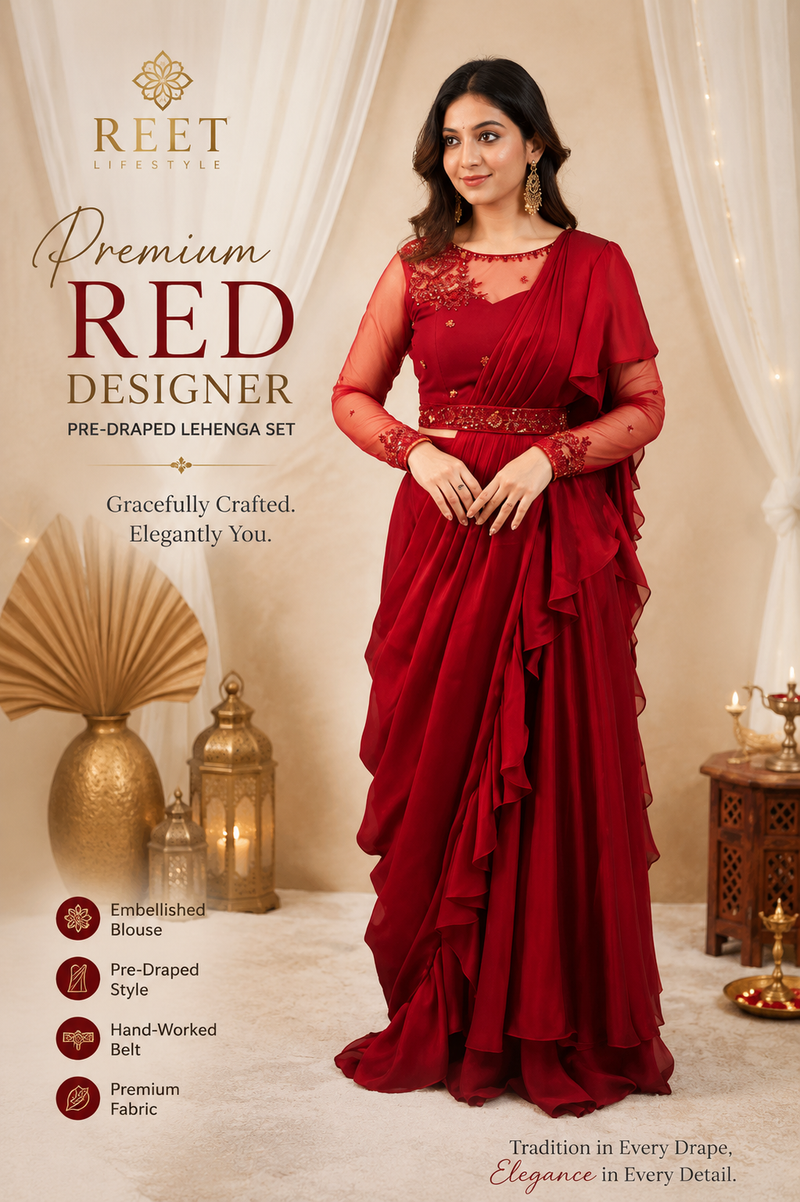 Premium Red Designer Pre-Draped Lehenga Set with Embellished Blouse & Hand-Worked Belt