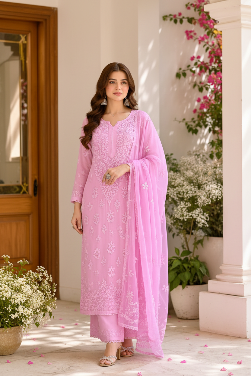 Rosé Noor Chikankari Viscose/Georgette  3-Piece Suit Set