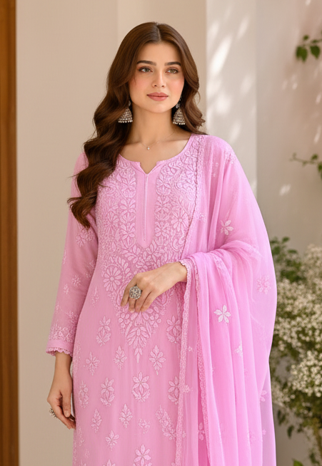 Rosé Noor Chikankari Viscose/Georgette  3-Piece Suit Set