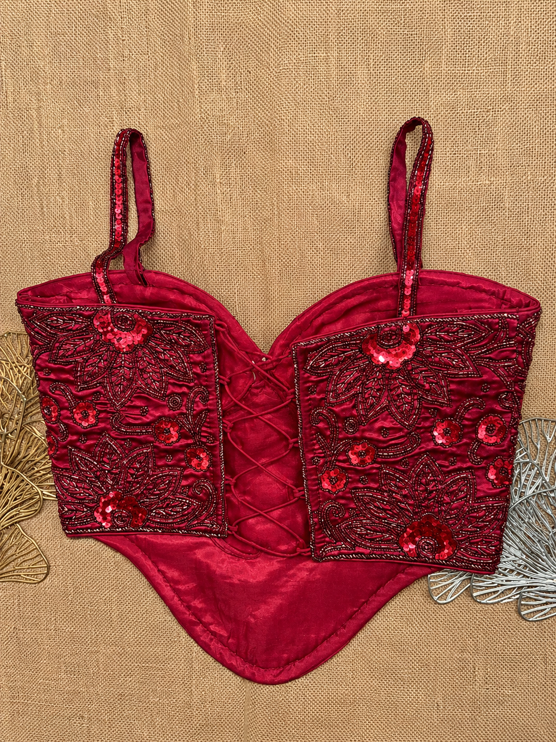 Ruby Red Floral Handwork Sequin Designer Corset Blouse