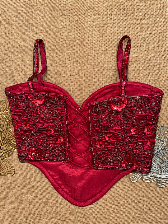 Ruby Red Floral Handwork Sequin Designer Corset Blouse