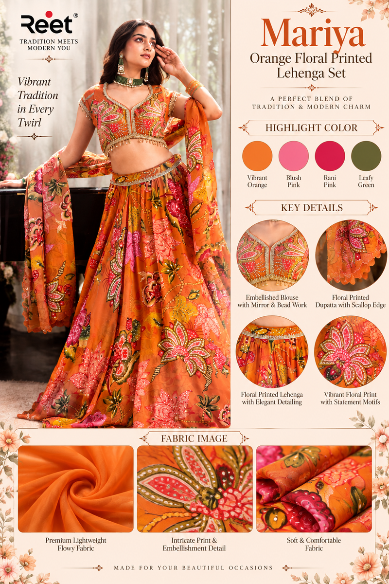 Mariya Orange Floral Printed Lehenga Set