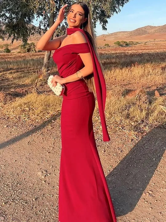 Red Flat Jersey Scarf Maxi Dress