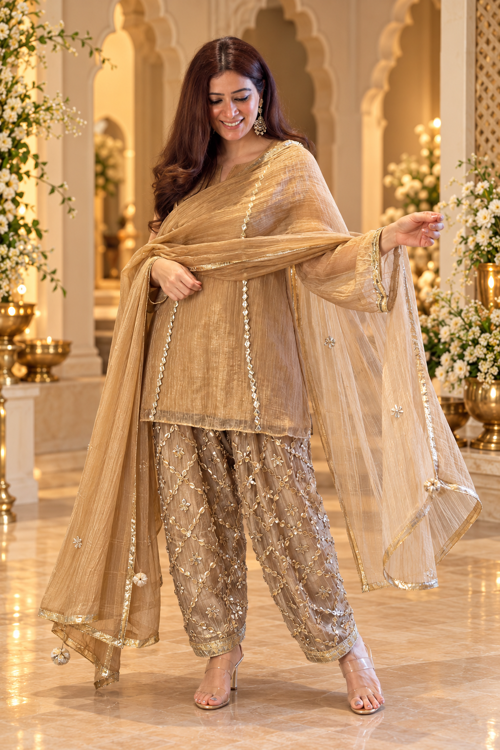 Royal Gota Patti Work Pakistani Kalidar Suit Set in Pure Crushed Tissue
