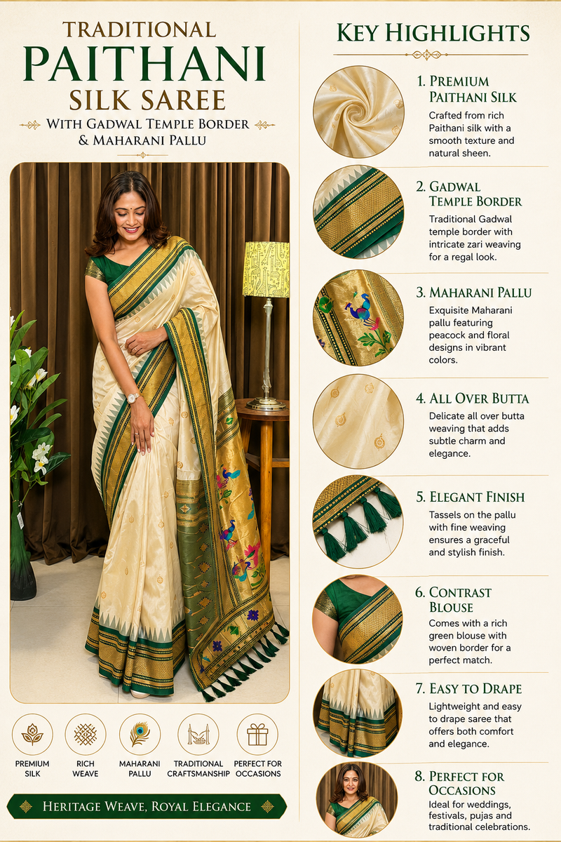 Traditional Paithani Silk Saree with Gadwal Temple Border & Maharani Pallu