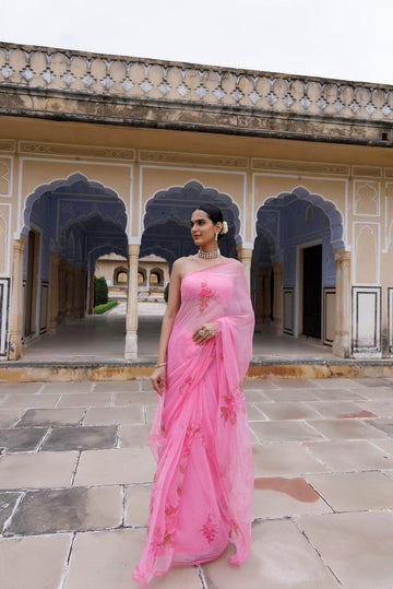 Festive Pink Hand Painted Floral Chiffon Saree