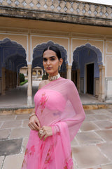 Festive Pink Hand Painted Floral Chiffon Saree