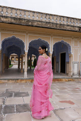 Festive Pink Hand Painted Floral Chiffon Saree