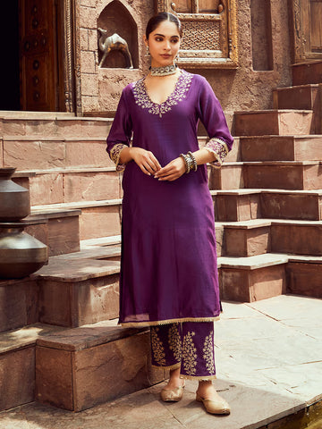 Purple Chanderi Embroidered Kurta with Pants Set