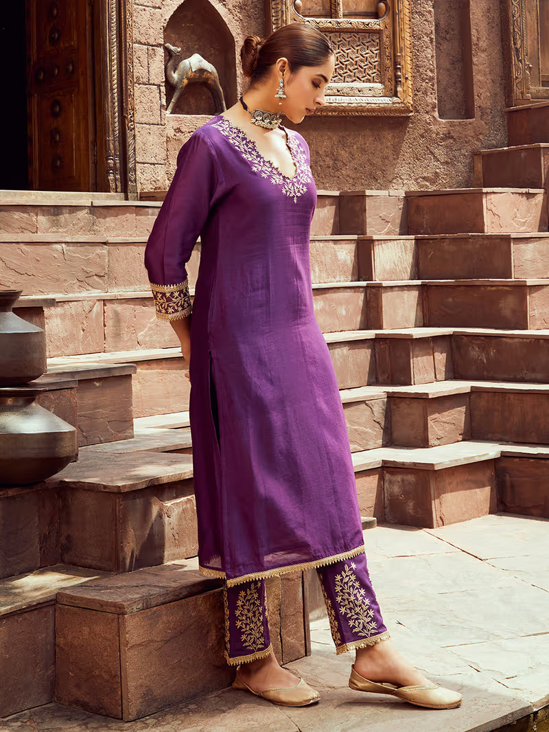 Purple Chanderi Embroidered Kurta with Pants Set