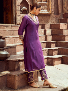 Purple Chanderi Embroidered Kurta with Pants Set