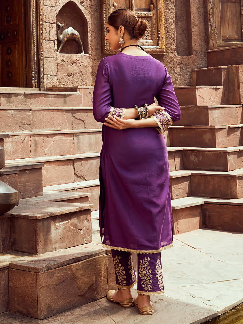 Purple Chanderi Embroidered Kurta with Pants Set