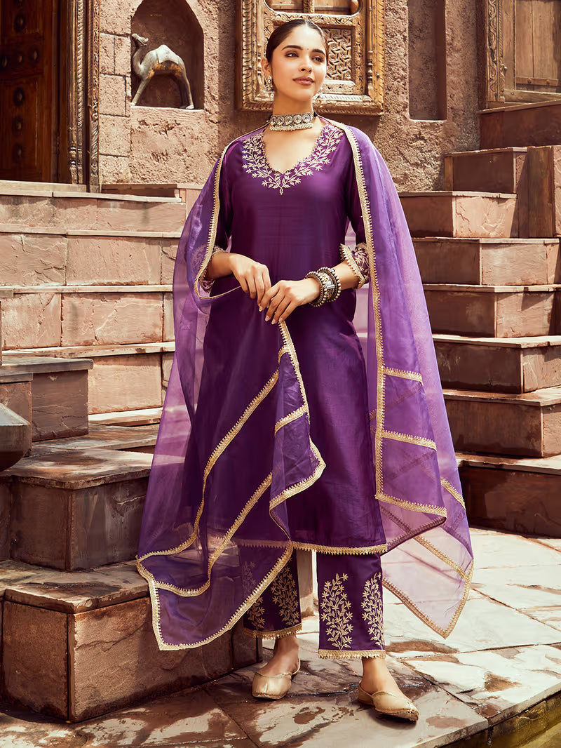 Purple Chanderi Embroidered Kurta with Pants Set