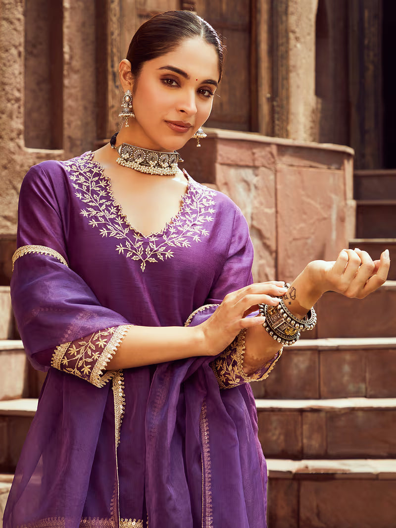 Purple Chanderi Embroidered Kurta with Pants Set