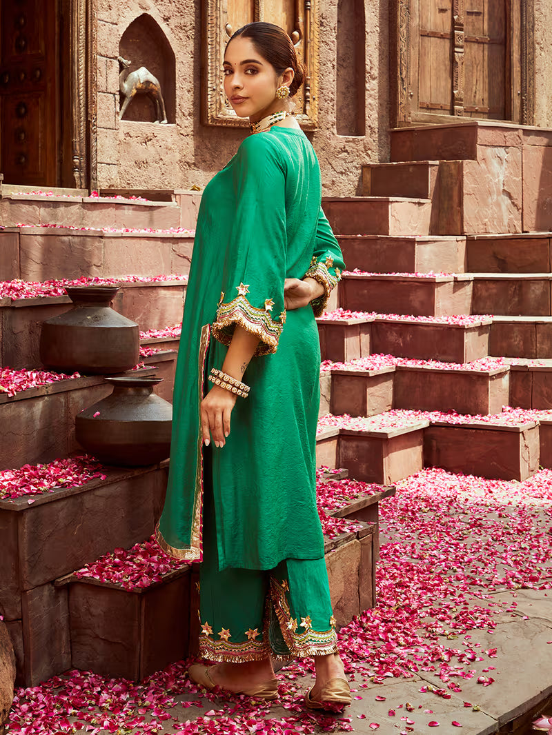 Chanderi Green Kurta with Pants Gota Embellished