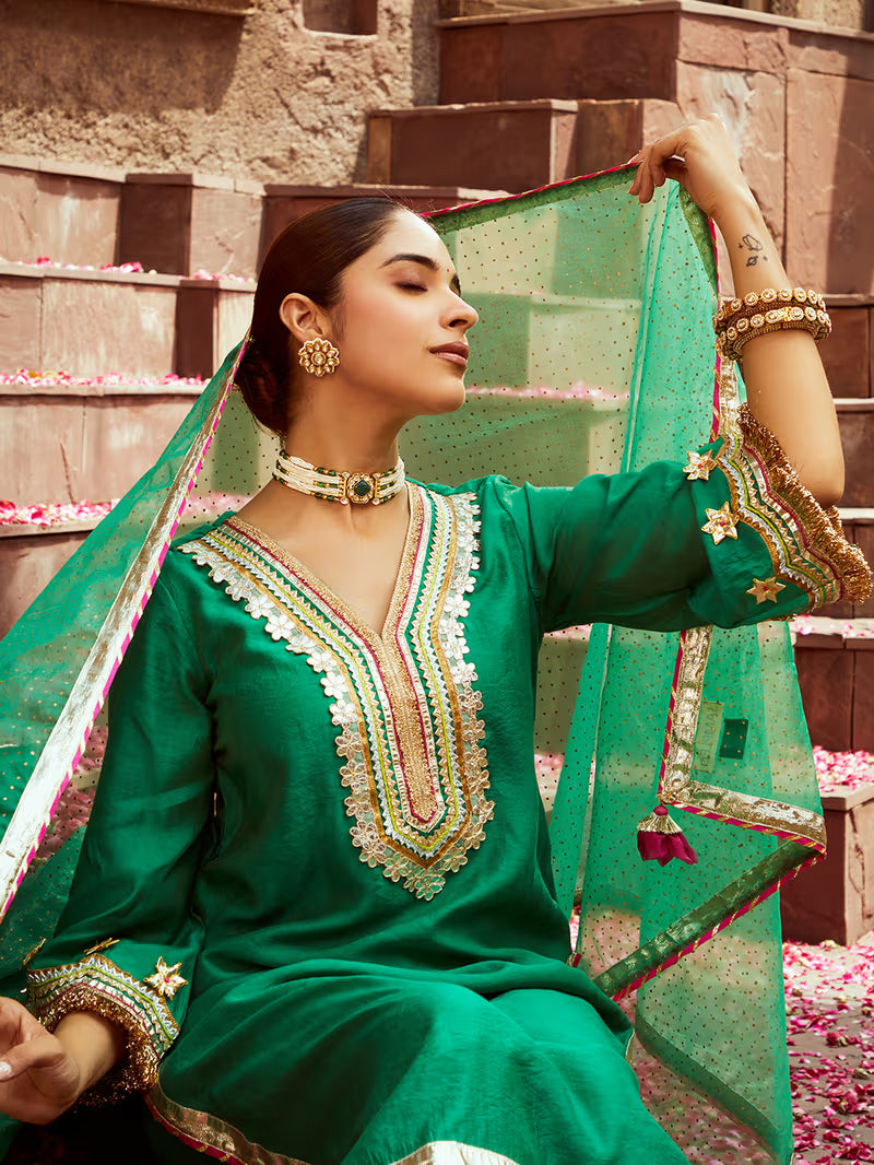 Chanderi Green Kurta with Pants Gota Embellished