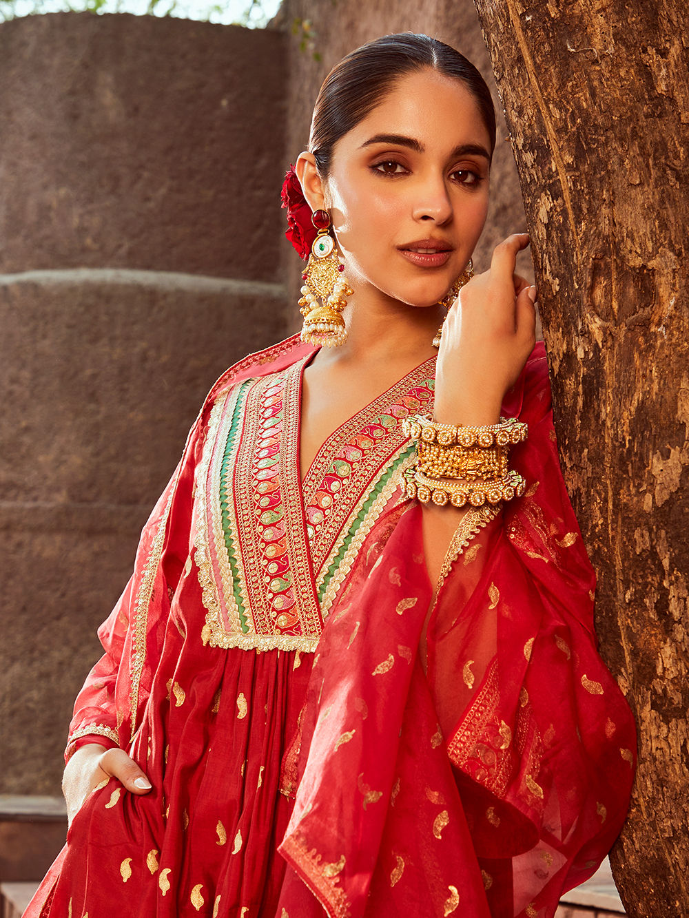 Chanderi Red Kurta with Pants Block Print