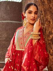 Chanderi Red Kurta with Pants Block Print