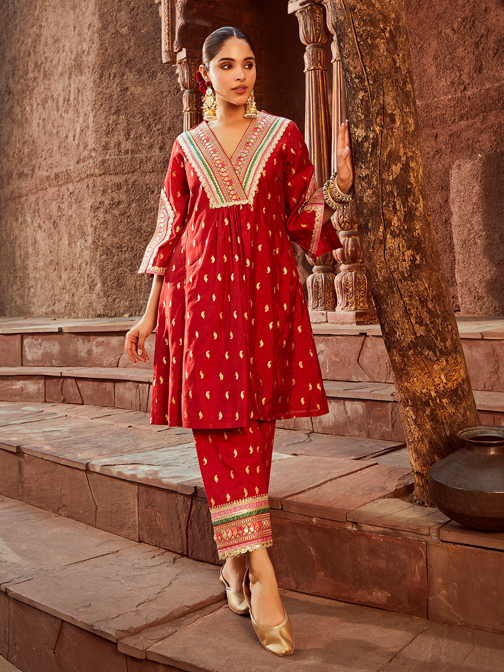 Chanderi Red Kurta with Pants Block Print