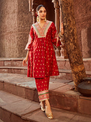 Chanderi Red Kurta with Pants Block Print