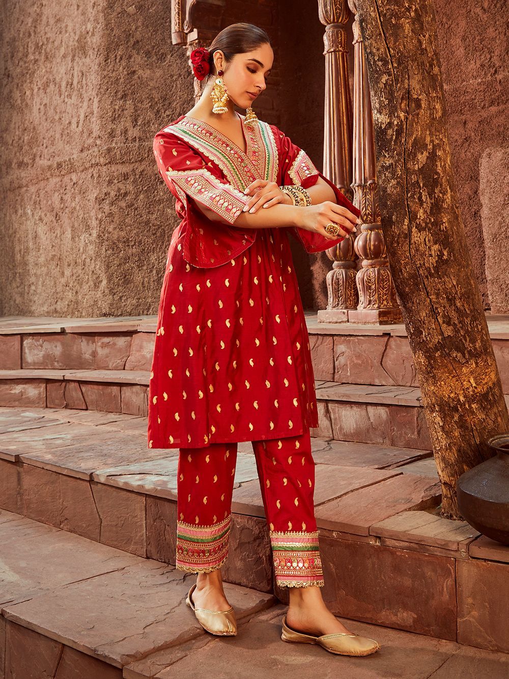 Chanderi Red Kurta with Pants Block Print