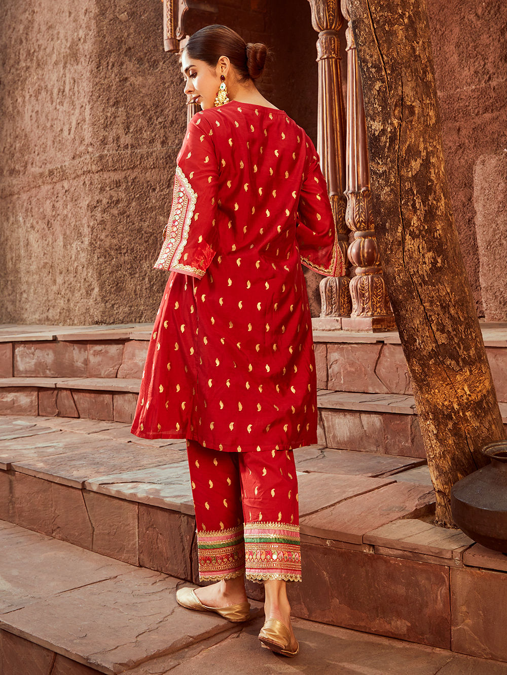 Chanderi Red Kurta with Pants Block Print