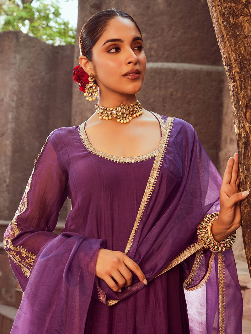 Purple Embroidered Viscose Dupatta