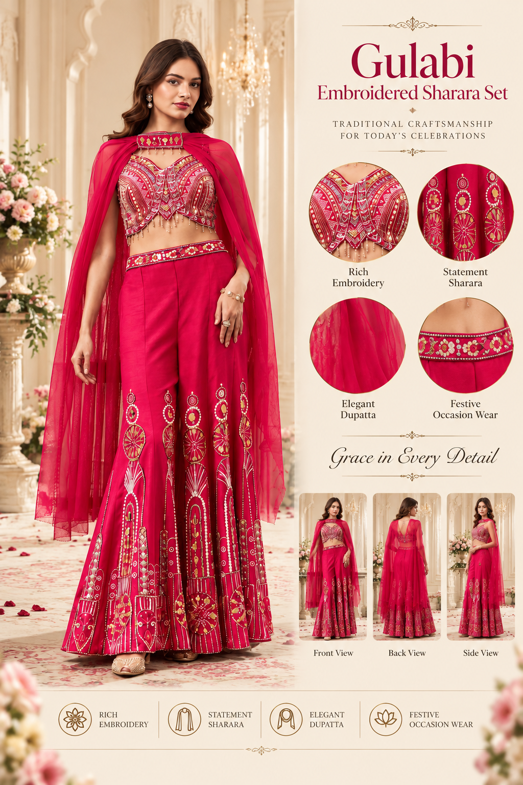 Riya Hot Pink Banglori Silk Handwork Sharara Set
