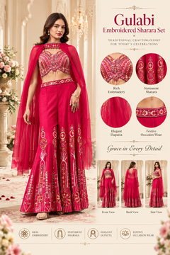 Riya Hot Pink Banglori Silk Handwork Sharara Set