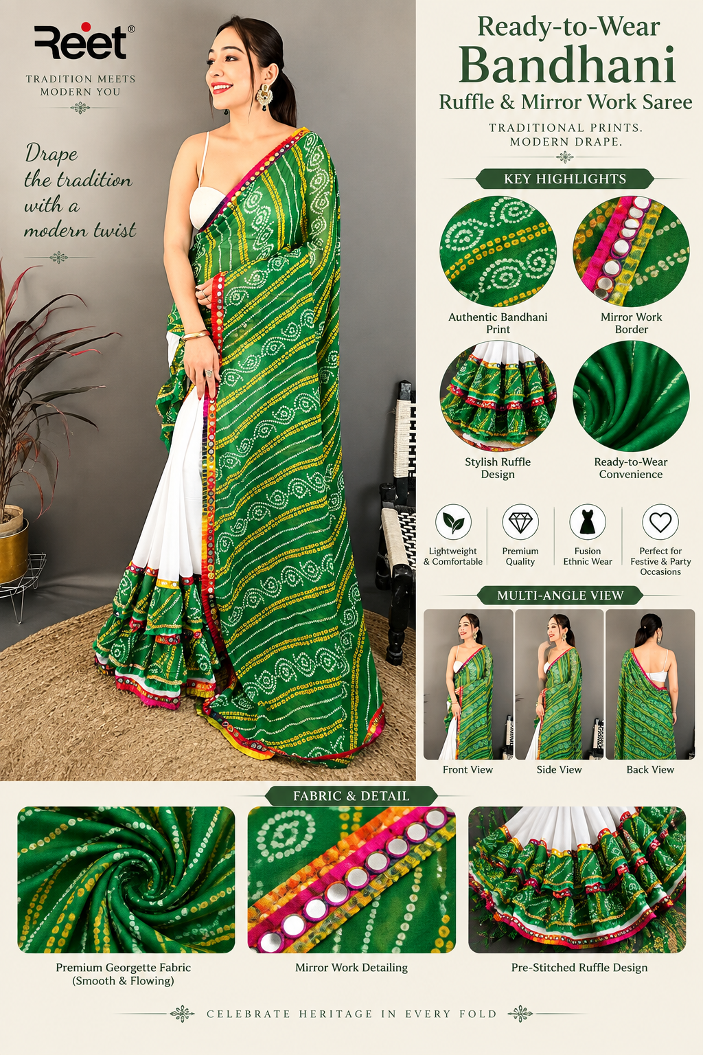Ready-to-Wear Bandhani Ruffle & Mirror Work Saree