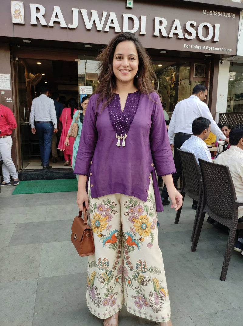 Purple Short Kurta with Printed Pants
