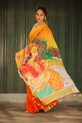 Fluttering Charm Yellow Orange Mul Mul Printed Saree