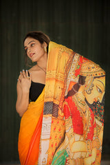 Fluttering Charm Yellow Orange Mul Mul Printed Saree