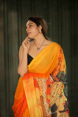 Fluttering Charm Yellow Orange Mul Mul Printed Saree