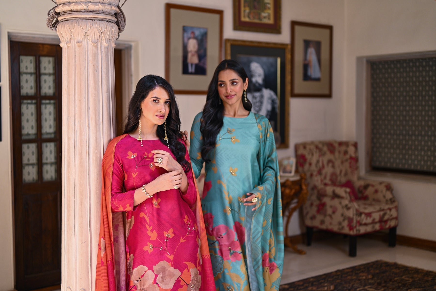 Pink and orange muslin suit
