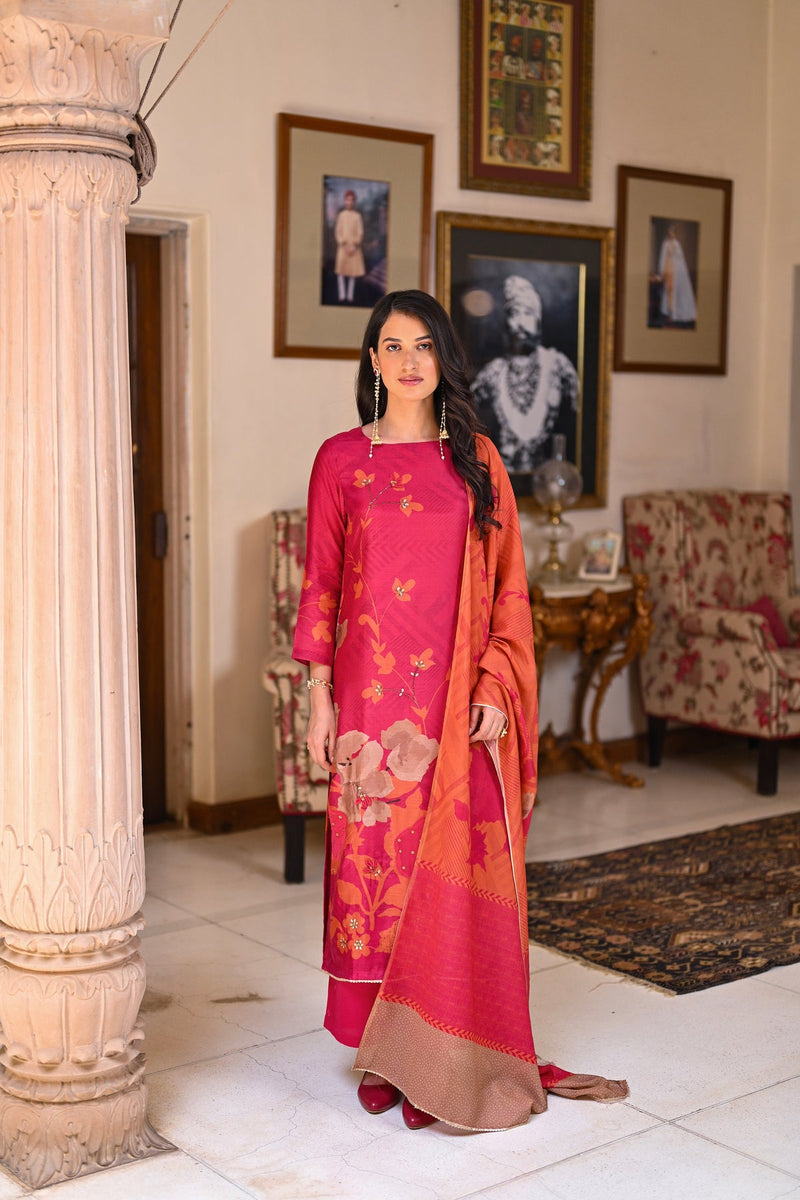 Pink and orange muslin suit set for women
