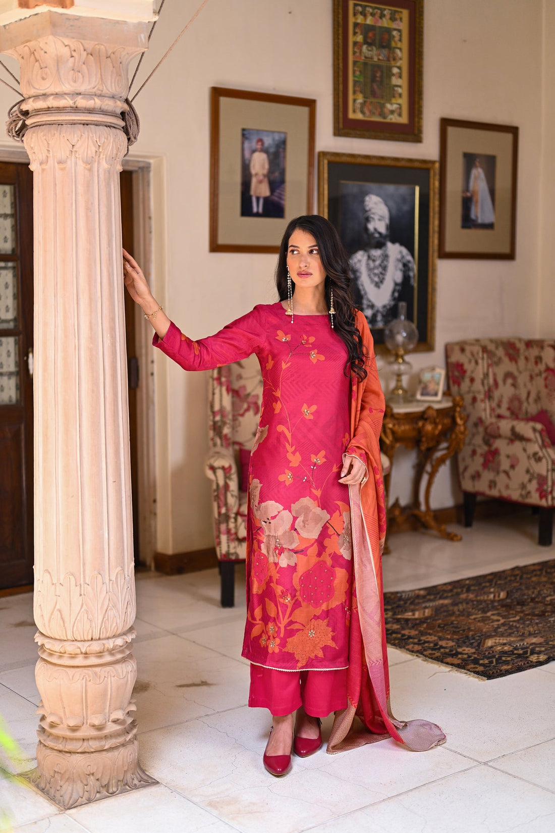 Chiffon dupatta with cotton silk pants suit set