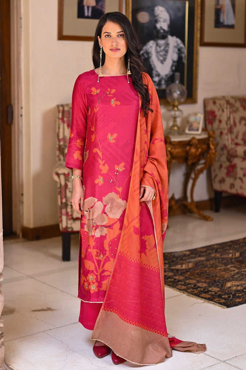 Fresh Pink and Orange Bloom Pure Muslin Suit Set