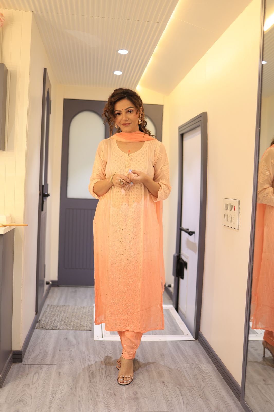 Peach Ombre Chikankari Suit with Mukaish Work