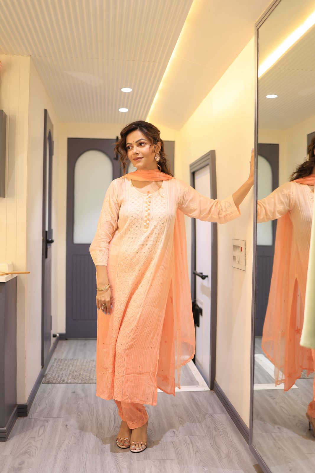 Peach Ombre Chikankari Suit with Mukaish Work