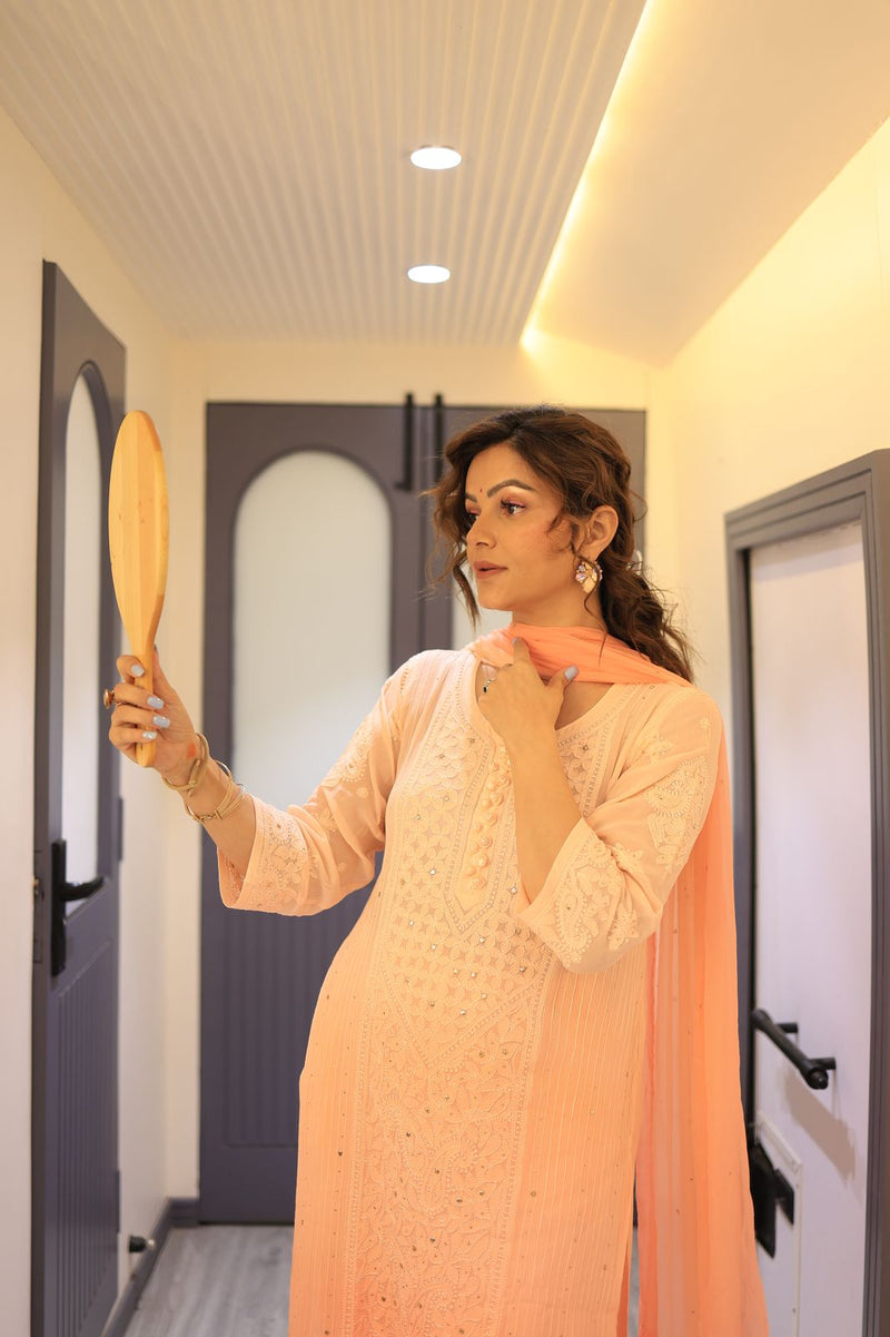 Peach Ombre Chikankari Suit with Mukaish Work