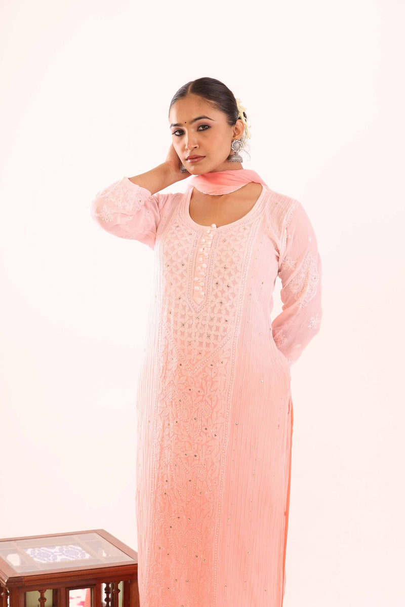 Peach Ombre Chikankari Suit with Mukaish Work