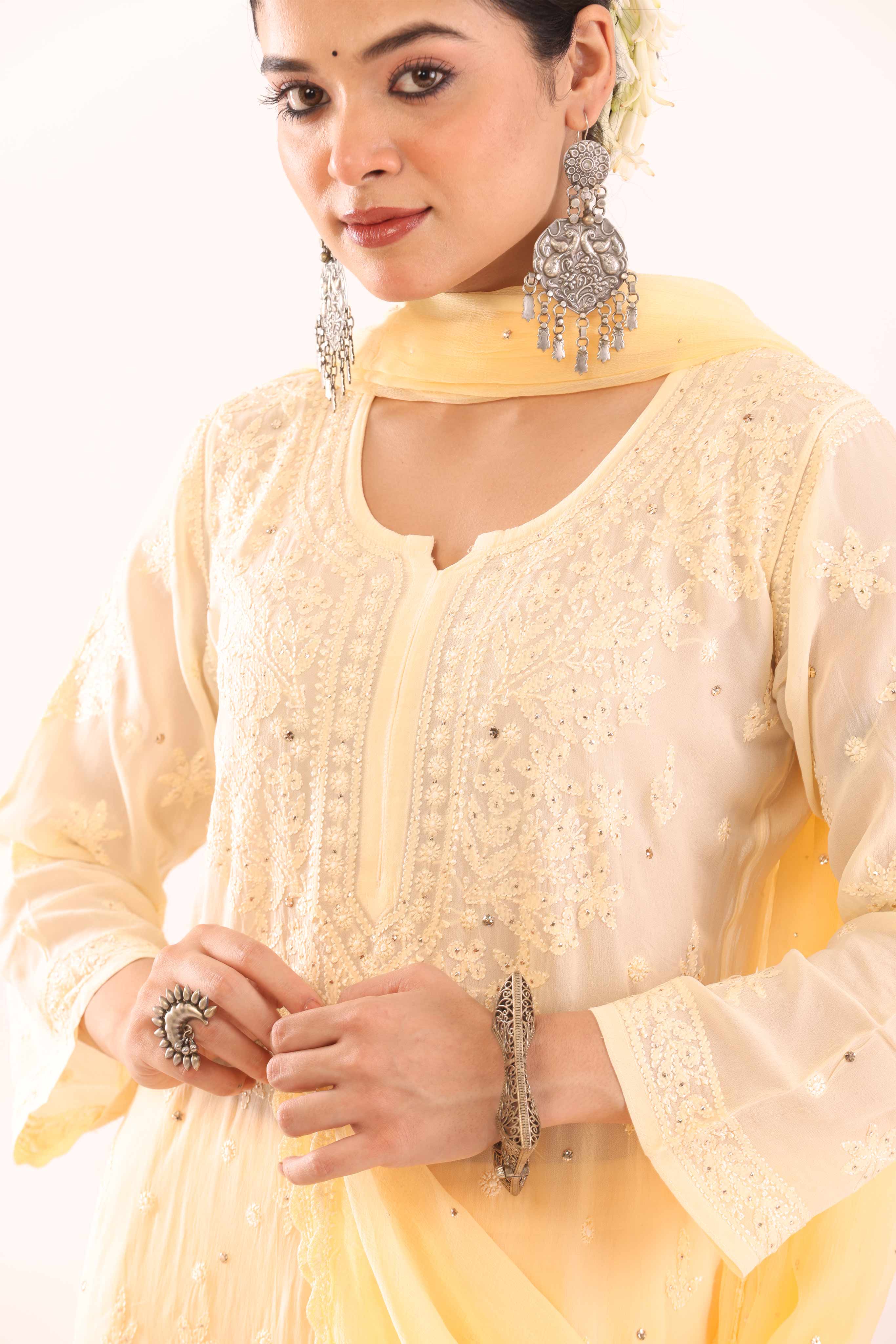 Yellow Ombre Chikankari Suit with Mukaish Work