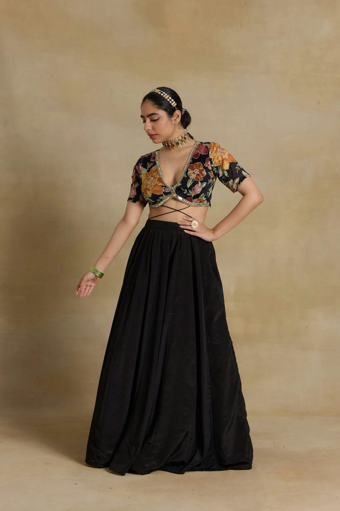 Noir Elegance Embroidered Chinnon Lehenga Set
