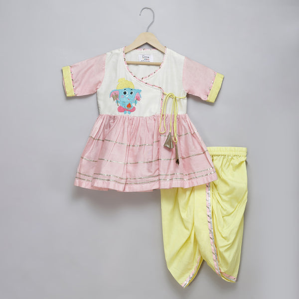 Ganpati Embroidered Kurta Yellow Dhoti Set for Kids