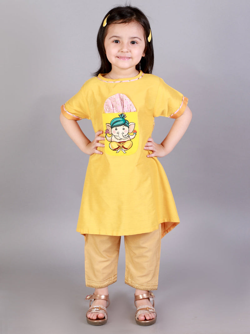 Ganpati Embroidered Yellow Kurta Dhoti Set