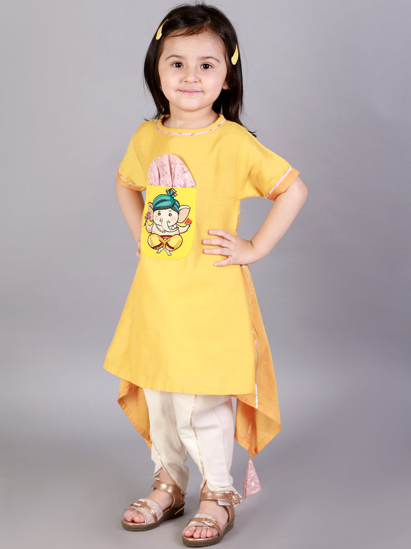 Ganpati Embroidered Yellow Kurta Dhoti Set