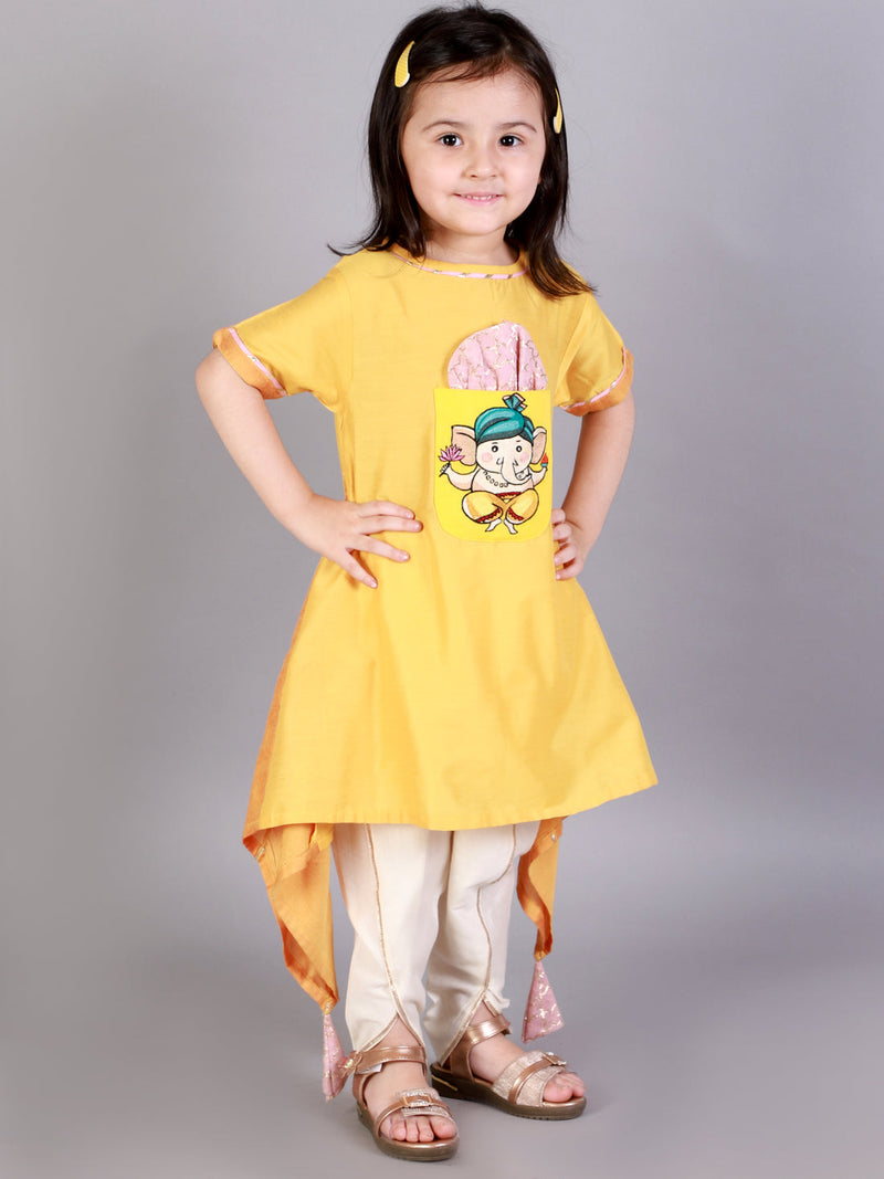Ganpati Embroidered Yellow Kurta Dhoti Set